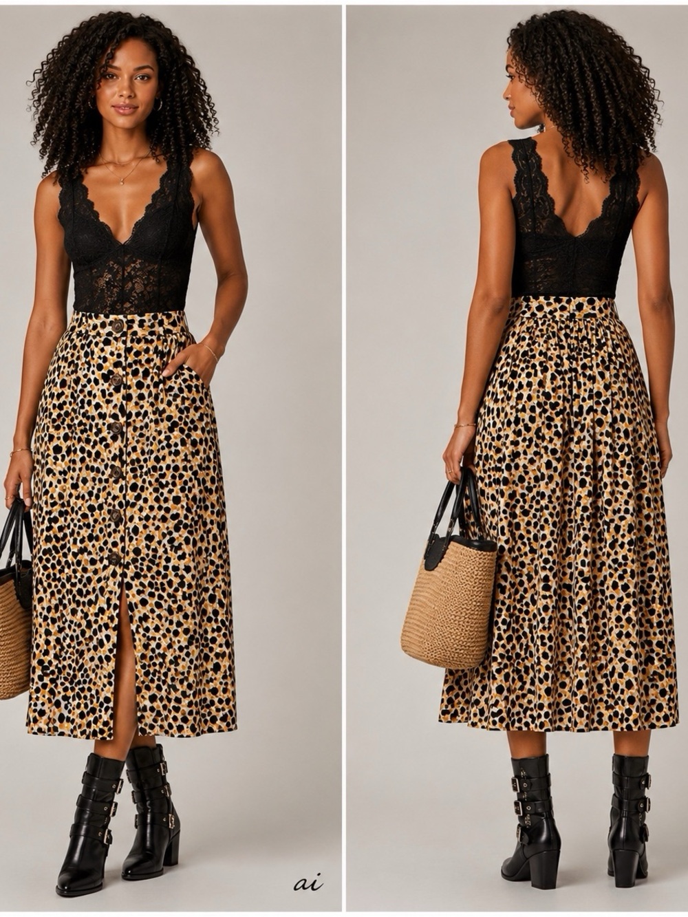 Ann Taylor Animal (Leopard) Print Button-Front Midi Skirt - Black & Tan